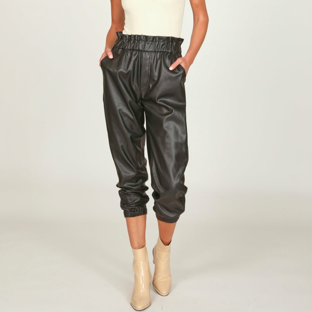 Vintage Havana | Black Faux Leather elastic waist jogger size L